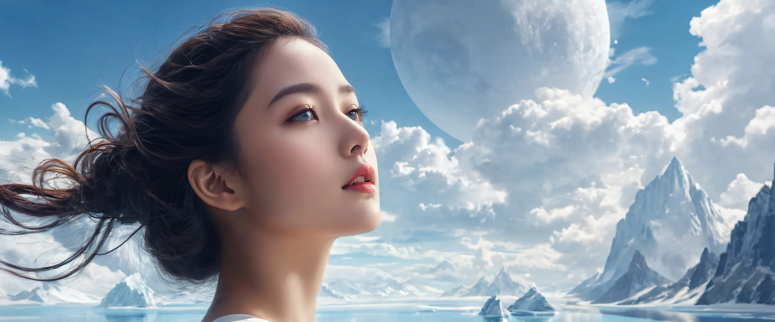 Woman standing in a vast pure void with ethereal lighting on a desktop/pc