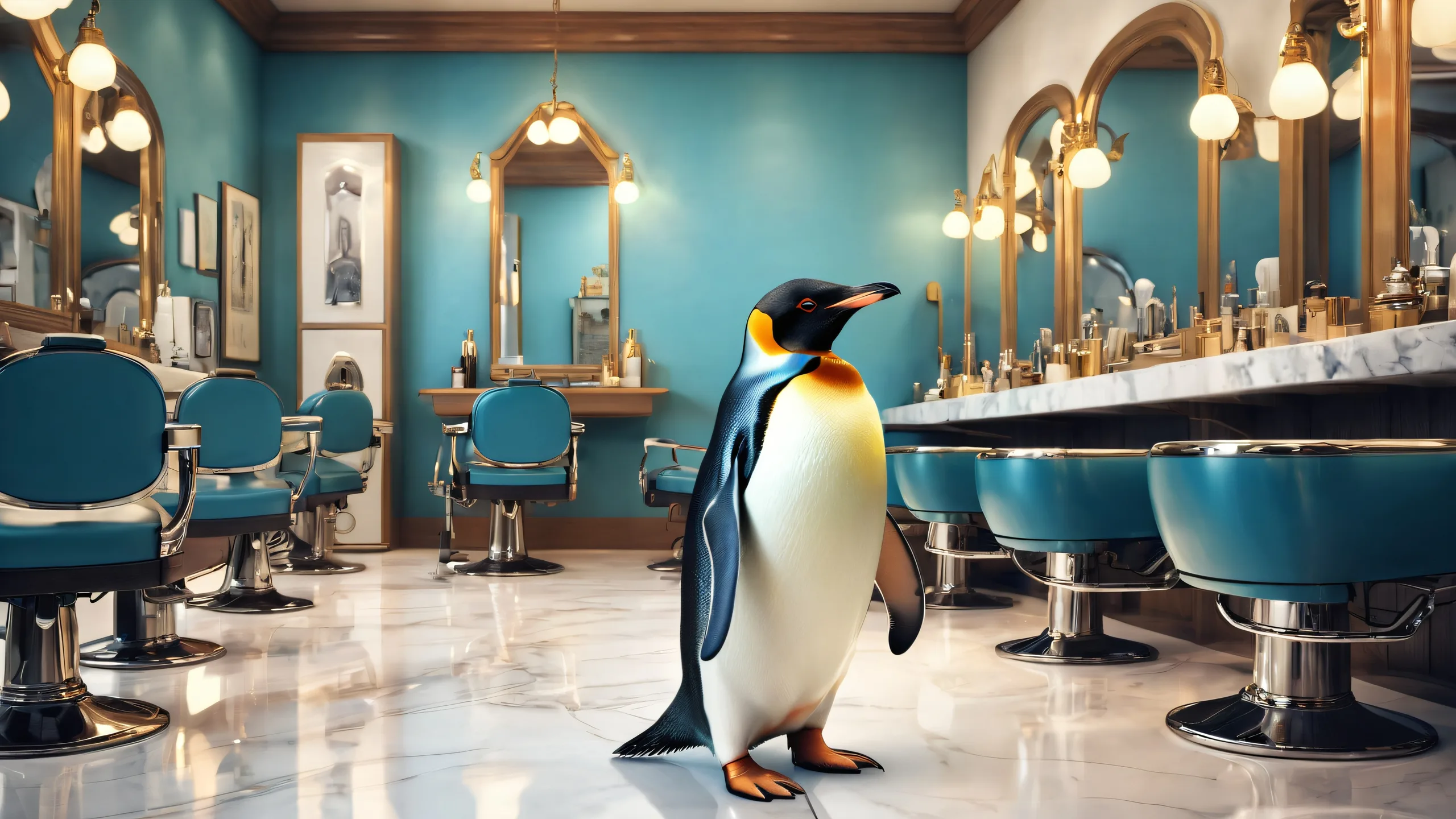 Ethereal Void: Barbershop Dreamscape Aesthetic PC Wallpaperparfait pour votre ordinateur de bureau/PC A surreal desktop wallpaper featuring a penguin in a dimly lit vintage barbershop, perfect for your Desktop/PC.