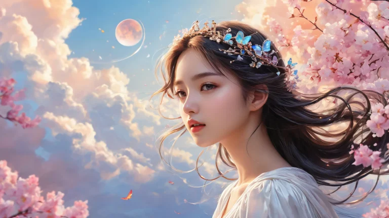 A serene desktop wallpaper featuring a girl in a perfectly clean vast pure void with extreme depth of field and radiant colors for Desktop/PC use.