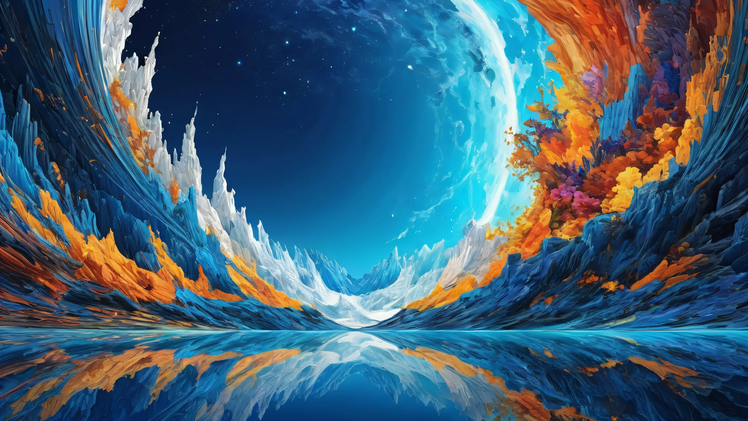 A stunning digital art desktop background featuring a centered void with radiant lighting and ray traced reflections on a clean and airy blue background for your PC or Desktop.