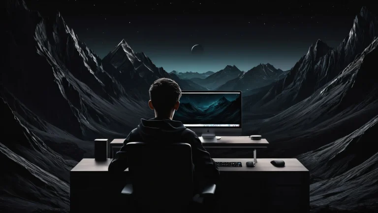 Boy in a vast pure void with extreme depth of field on a Desktop/PC.