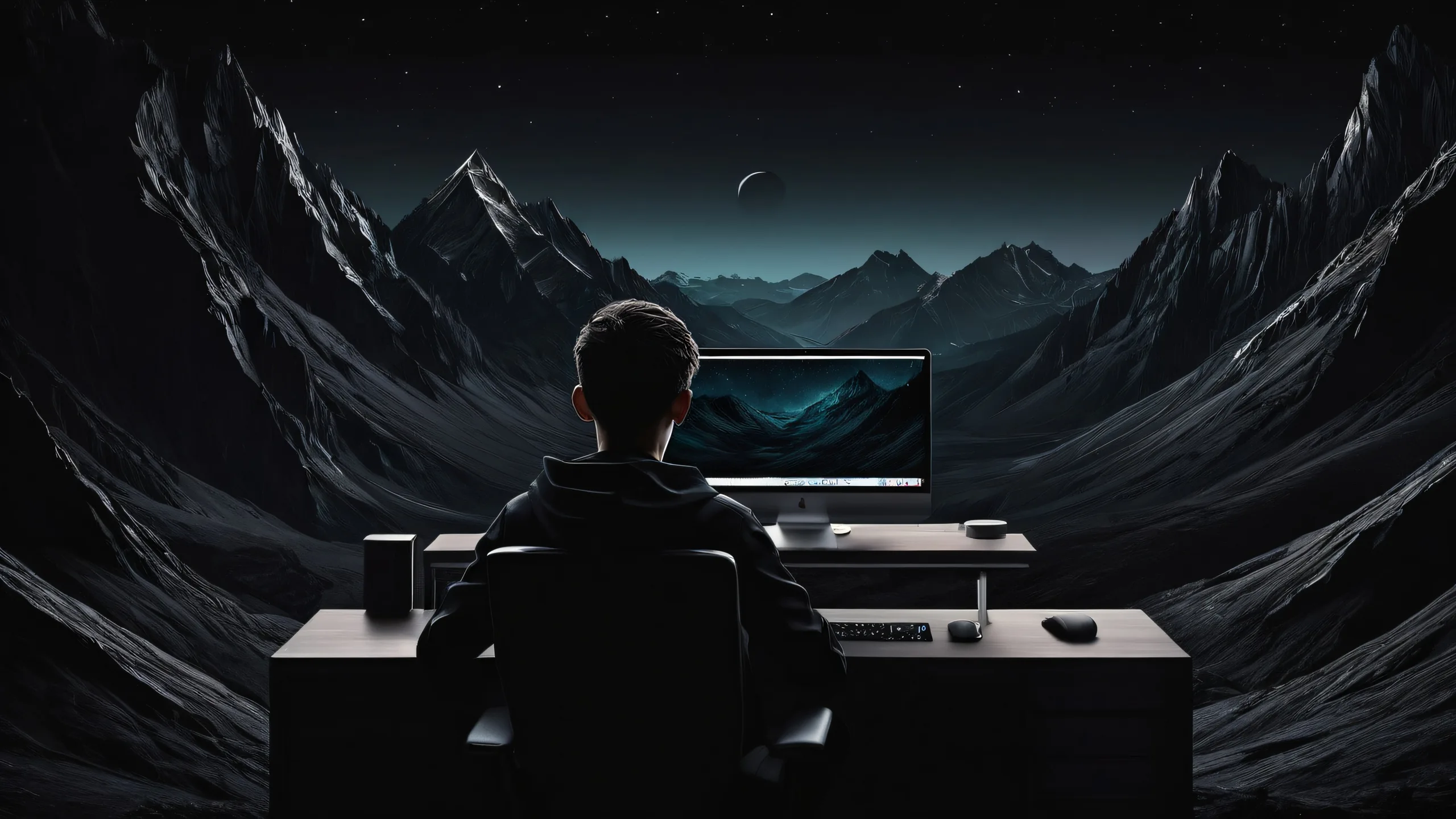 Boy in a vast pure void with extreme depth of field on a Desktop/PC.