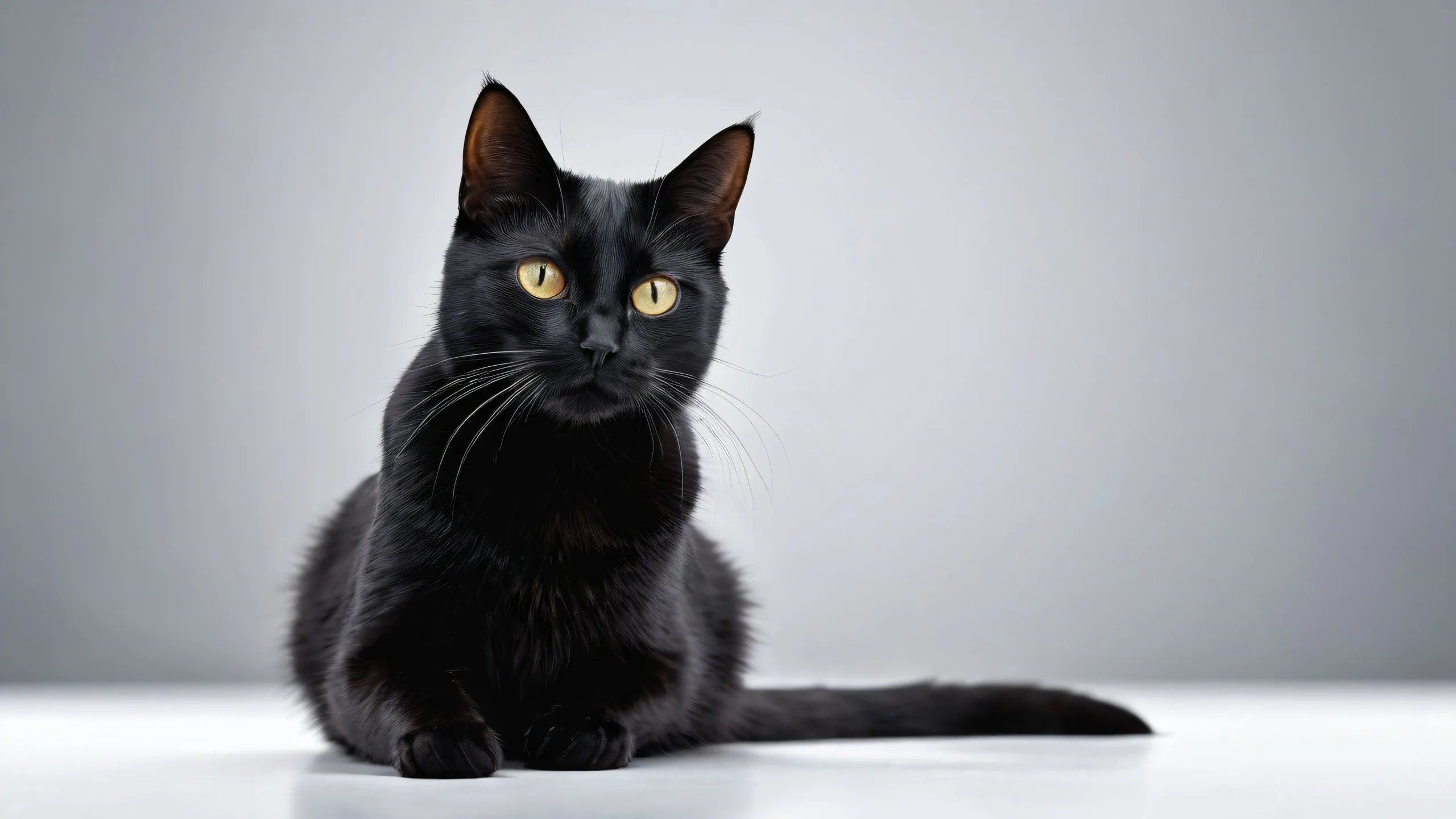 Black cat amidst a vast, pure void with dominant black and subtle gray highlights for a desktop or PC background.