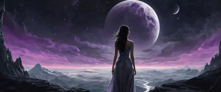 A mystical desktop background featuring a woman amidst a vast, dark void with subtle grunge undertones, ideal for your Desktop/PC.