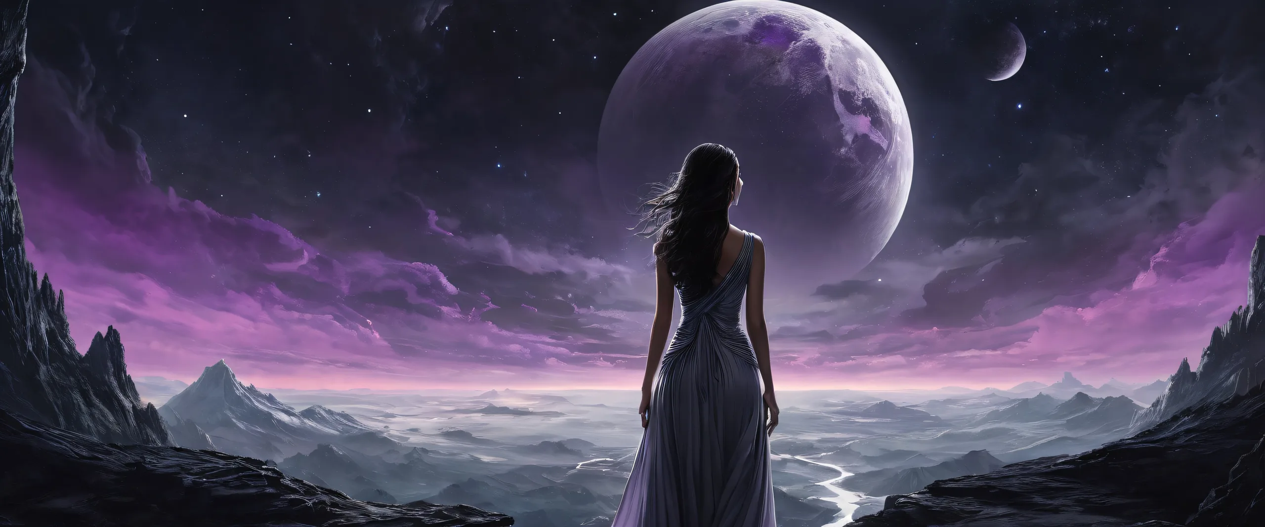 A mystical desktop background featuring a woman amidst a vast, dark void with subtle grunge undertones, ideal for your Desktop/PC.