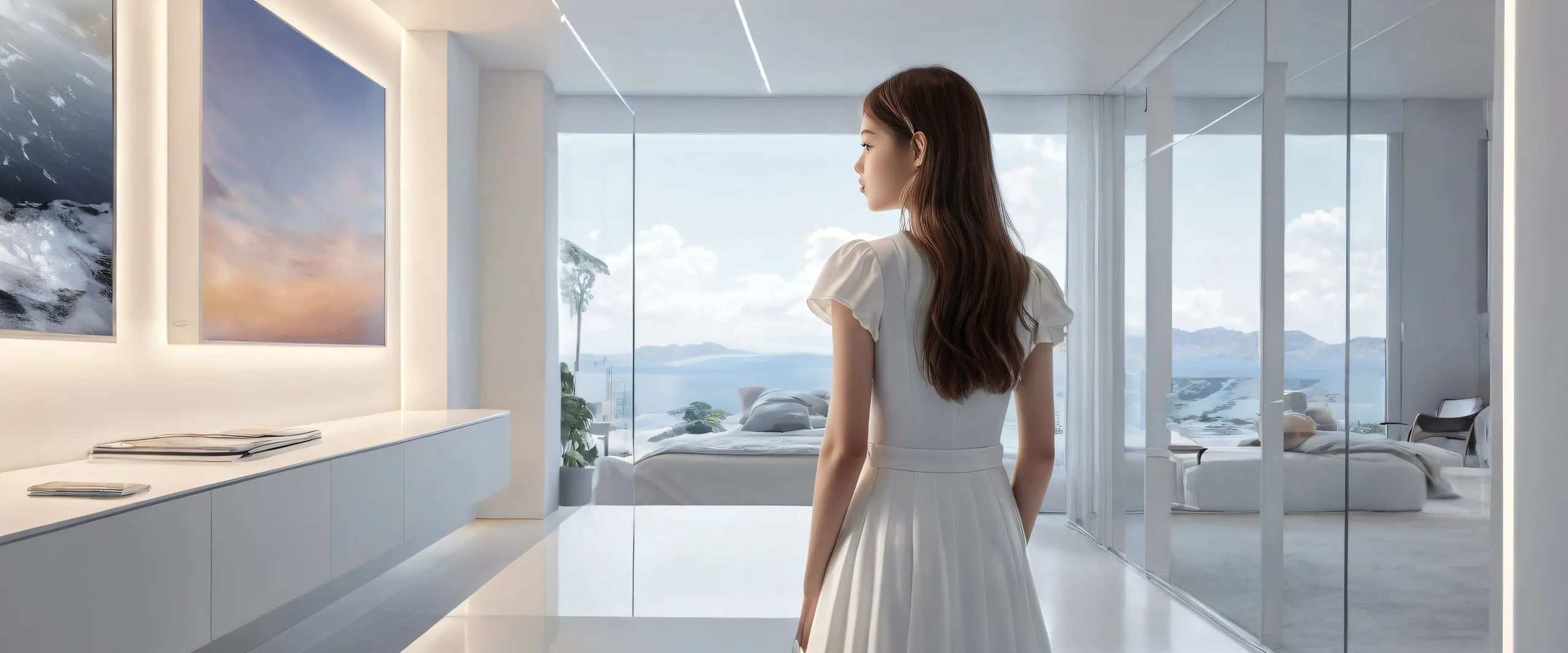 Girl in a vast pure void, extreme depth of field, on a Desktop/PC.