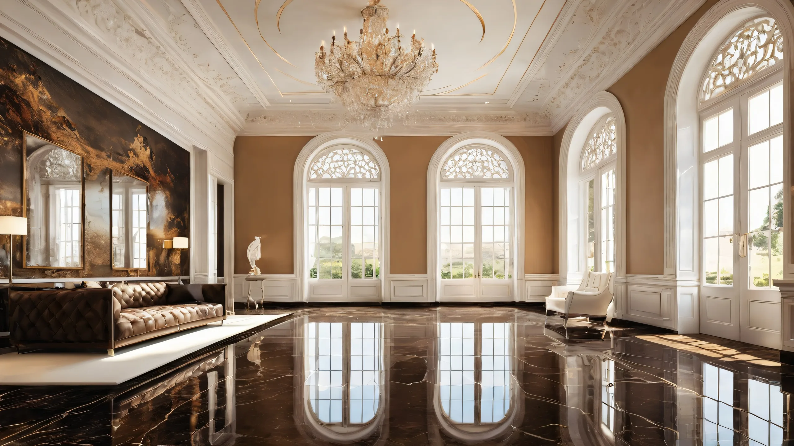 A serene desktop scene of a man standing amidst a vast, pure void with beige tile flooring and radiant lighting.
