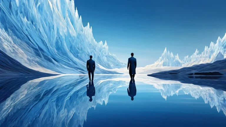 Two men standing in a vast, dark blue void with ethereal lighting and brilliant colors. Desktop/PC wallpaper.