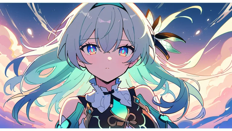 A girl stands in a vast, reine Leere, looking at the viewer with a firefly hovering nearby. Desktop/PC.