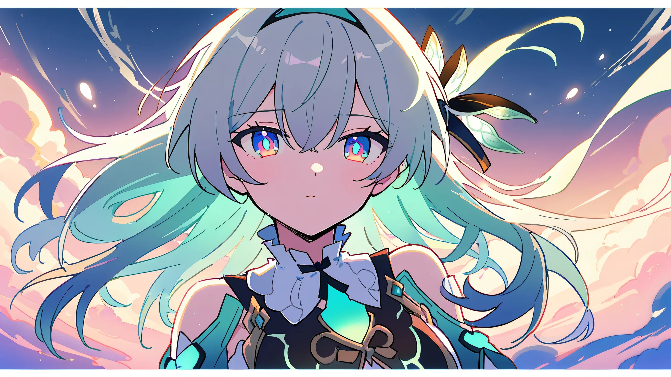 A girl stands in a vast, pure void, looking at the viewer with a firefly hovering nearby. Desktop/PC.