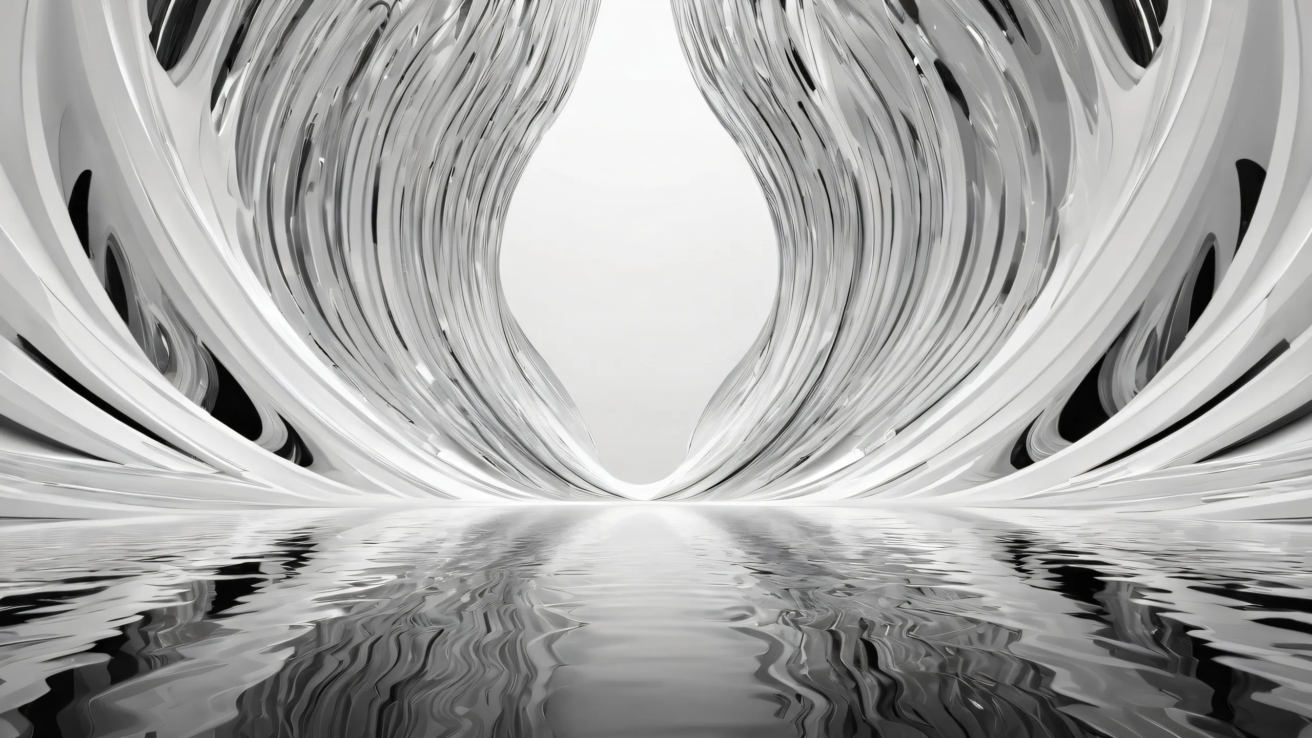 A stunning monochrome desktop scene featuring a vast pure void with radiant ethereal lighting on a black and white 16:9 aspect ratio, perfect for your PC or Desktop.
