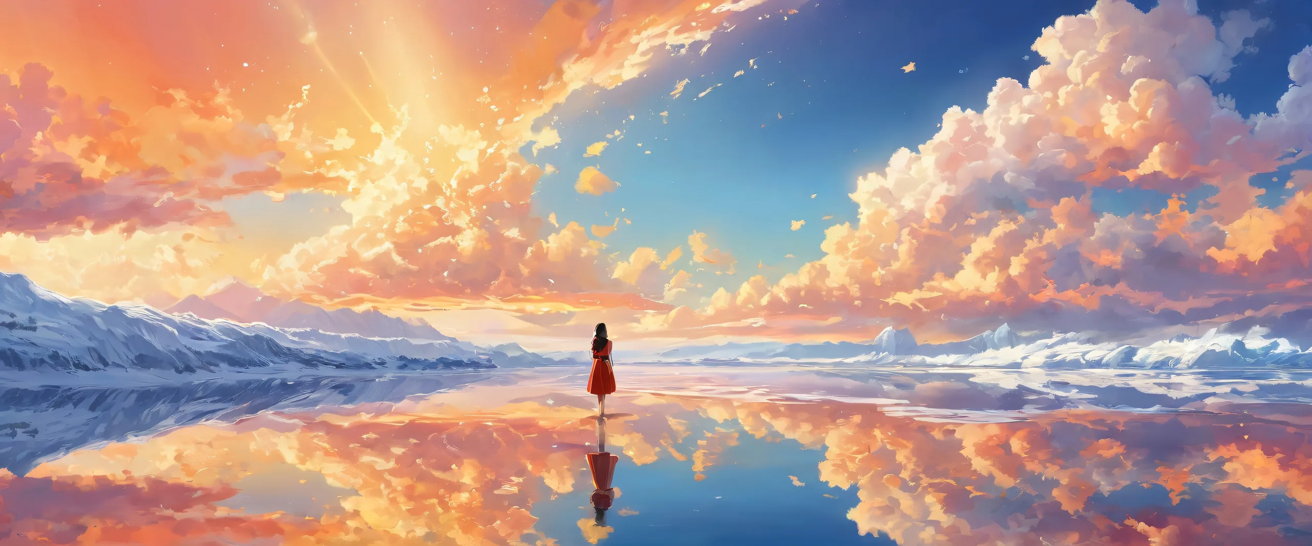 Girl surrounded by a vast pure void on a Desktop/PC, with radiant colors and ray traced reflections.