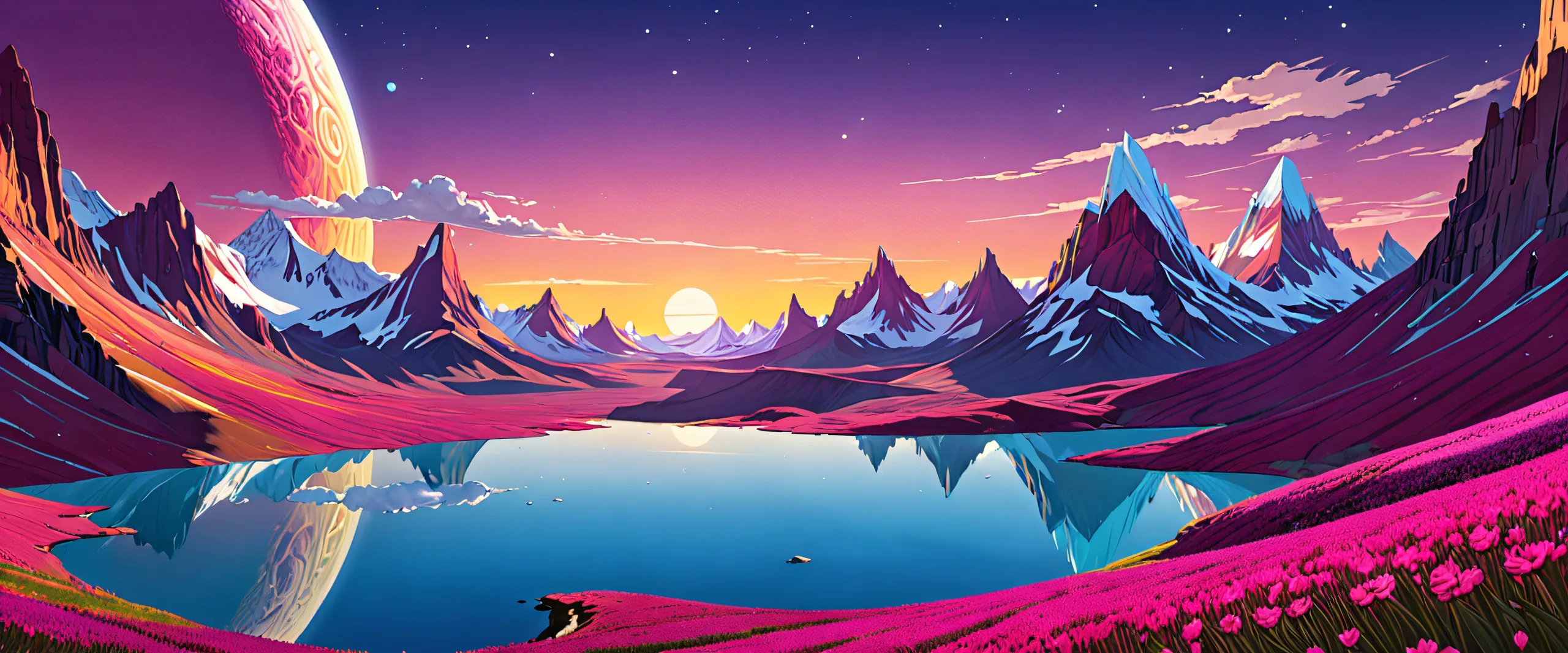 Minimalist desktop wallpaper of Trollface in a pure void with radiant colors and reflections for a PC or Desktop