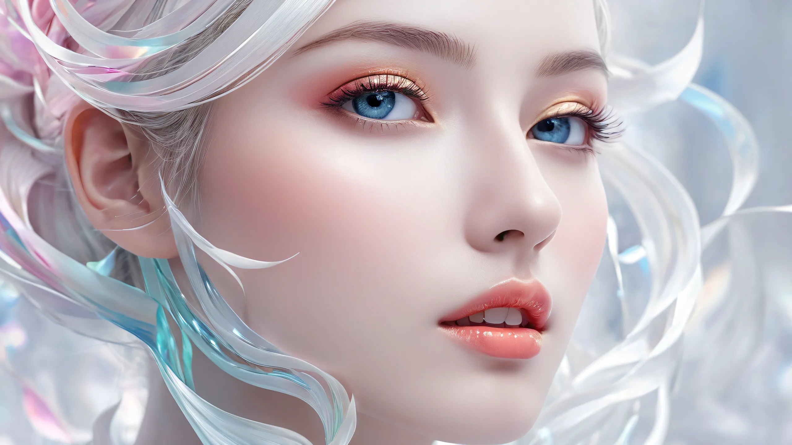 A breathtaking desktop wallpaper featuring a face in a perfectly clean vast pure void with extreme depth of field, ideal for Desktop/PC.