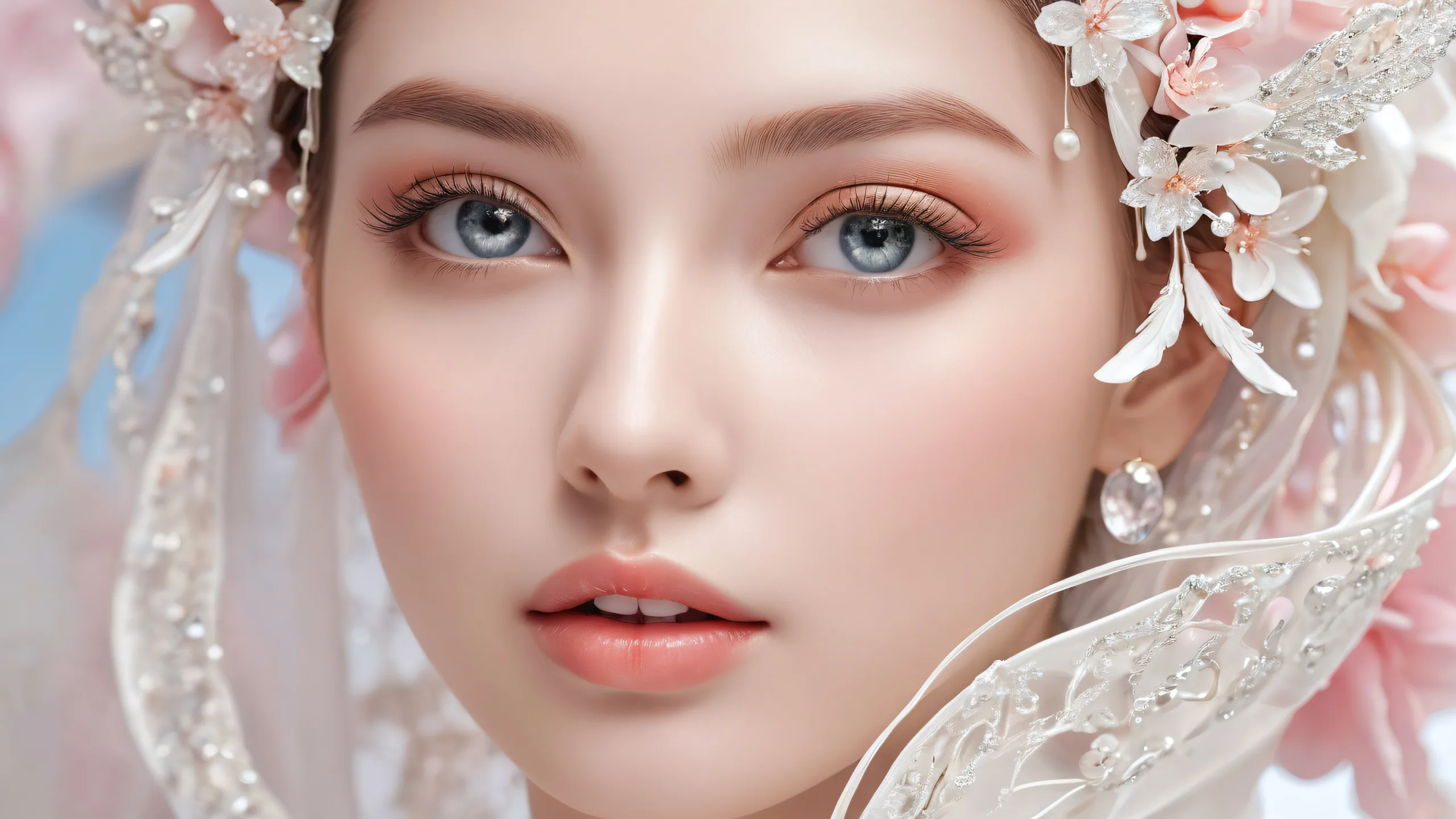 A stunning desktop wallpaper of a beautiful face set against a vast, pure void with extreme depth of field and breathtaking detail, perfect for Desktop/PC use.