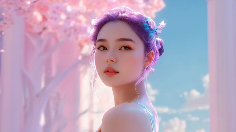 Girl solo in a vast pure void with radiant colors and reflections on desktop/pc