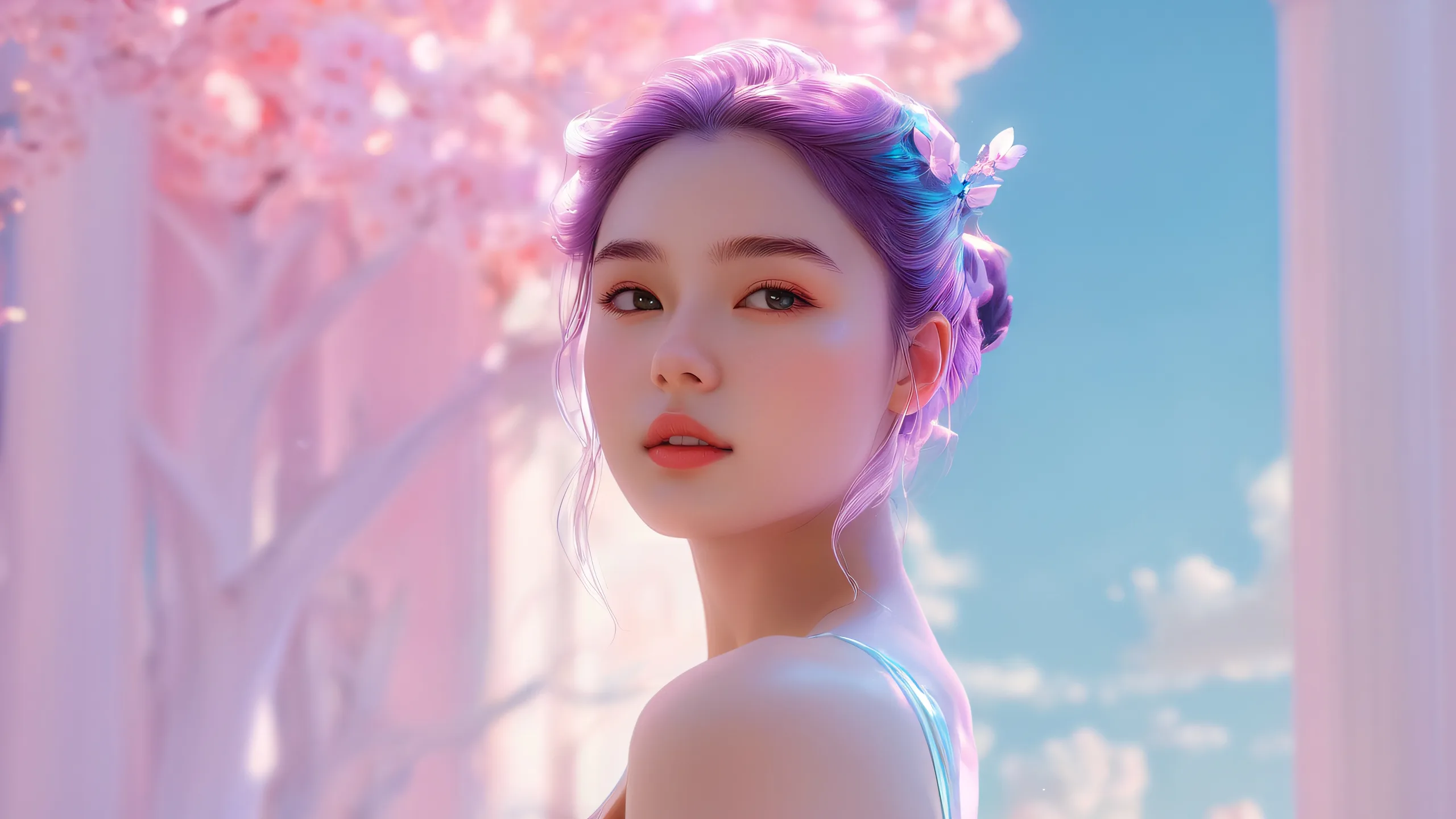 Girl solo in a vast pure void with radiant colors and reflections on desktop/pc