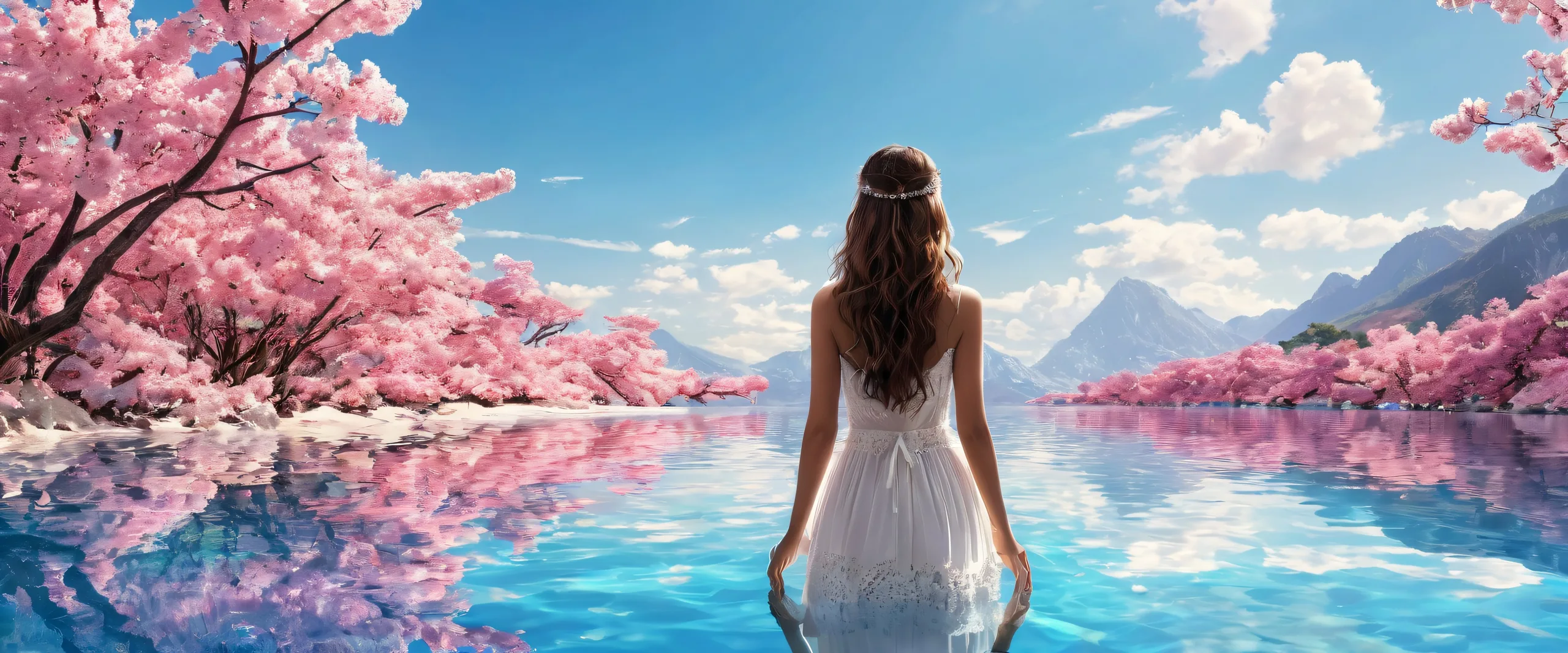 Girl standing in a vast, pure void with deep depth of field, perfect for desktop/pc use.