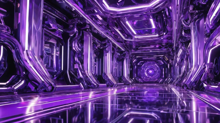 Desktop/PC wallpaper of a robotic void with radiant colors and ray-traced reflections.