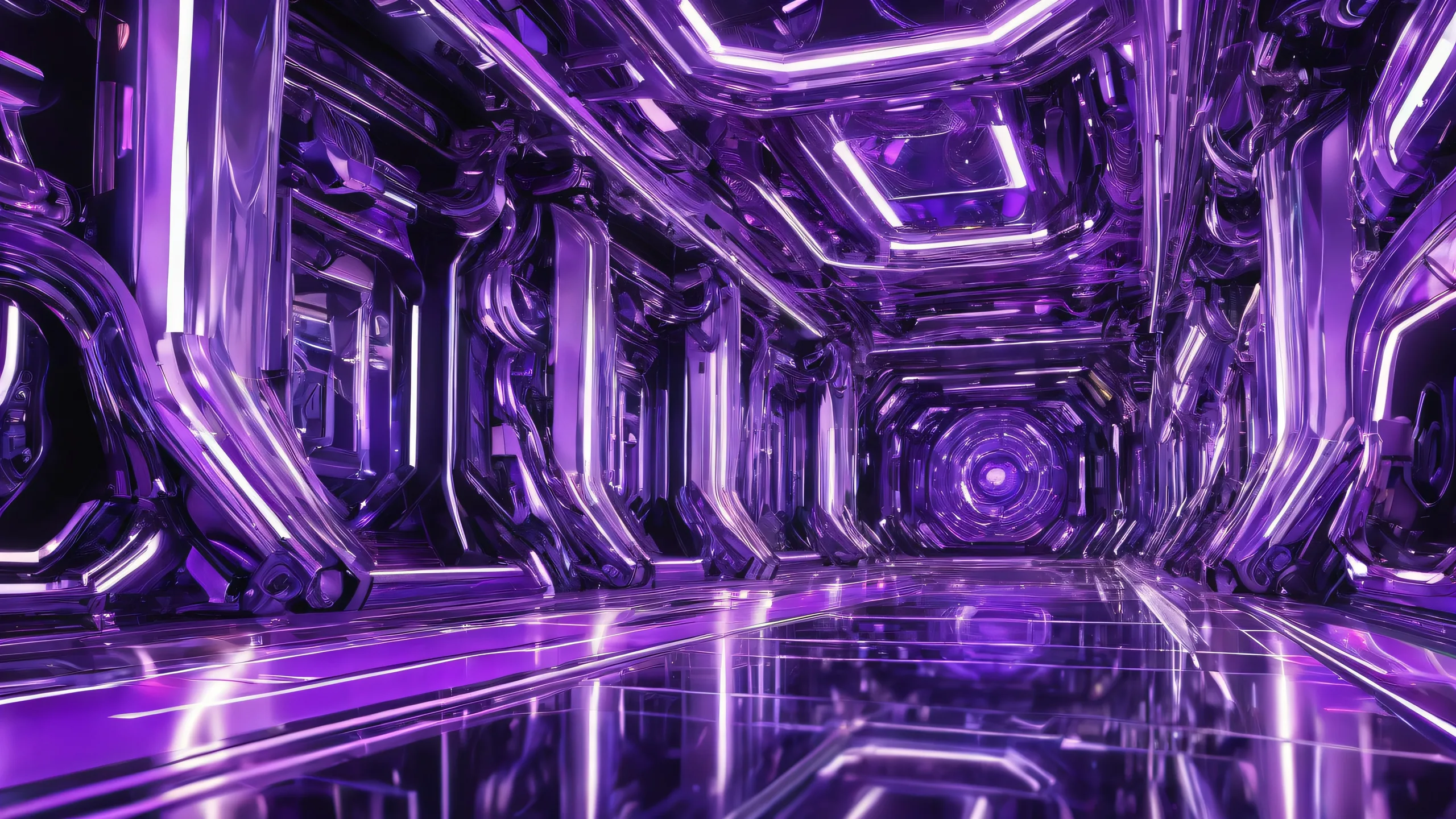 Desktop/PC wallpaper of a robotic void with radiant colors and ray-traced reflections.
