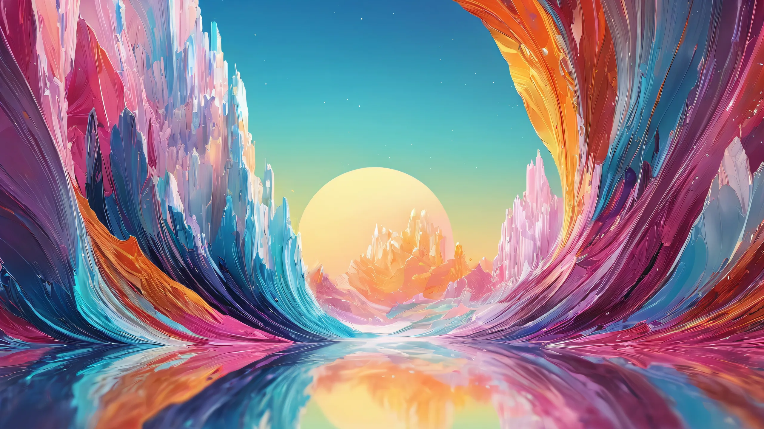 A majestic desktop wallpaper featuring a perfect void on a desktop/pc, with radiant colors and ray traced reflections.