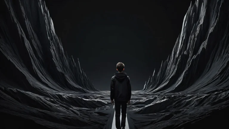 A stunning digital art piece of a boy standing in a vast pure void with deep perfect blacks and striking contrast on a desktop or PC.