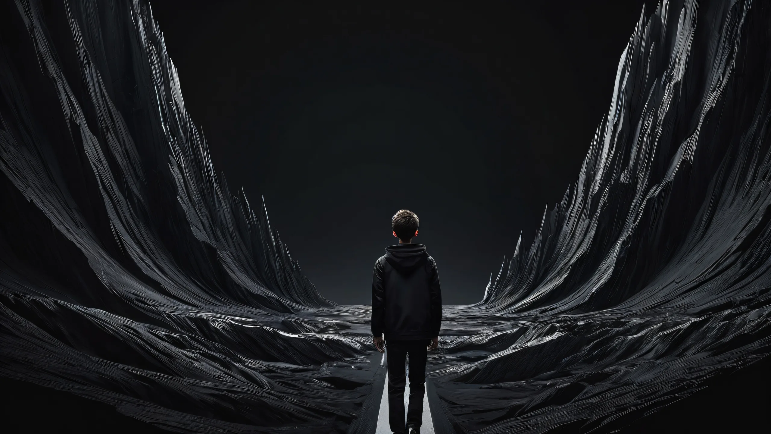 A stunning digital art piece of a boy standing in a vast pure void with deep perfect blacks and striking contrast on a desktop or PC.
