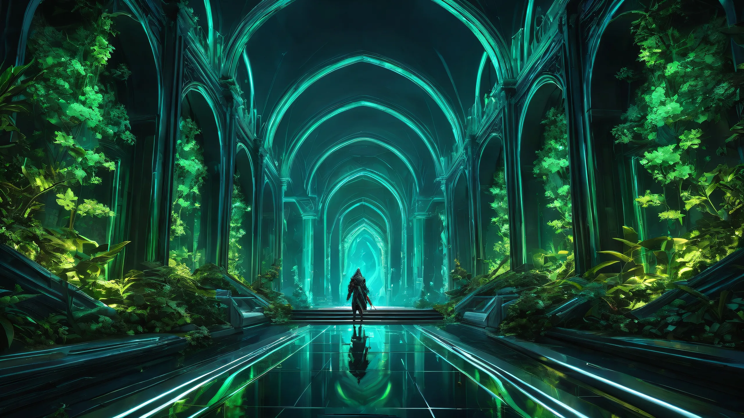Assassin-themed desktop wallpaper featuring a vast pure void with radiant, brilliant colors and ray-traced reflections on a Desktop/PC.