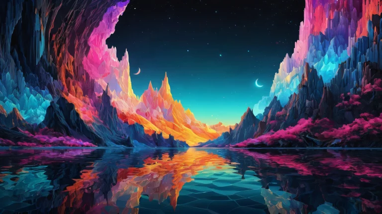 Desktop/PC wallpaper featuring a breathtaking void with radiant colors and ray traced reflections.