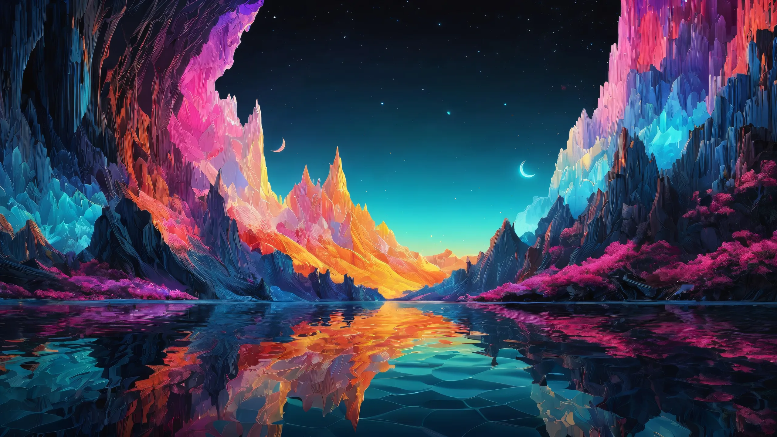Desktop/PC wallpaper featuring a breathtaking void with radiant colors and ray traced reflections.