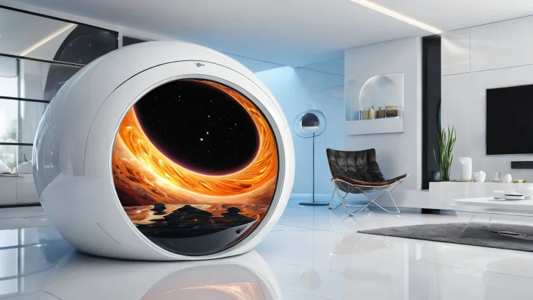 A stunning desktop wallpaper featuring a black hole cat amidst a vast, pure void with subtle hints of kitchen surroundings, perfect for your Desktop/PC.