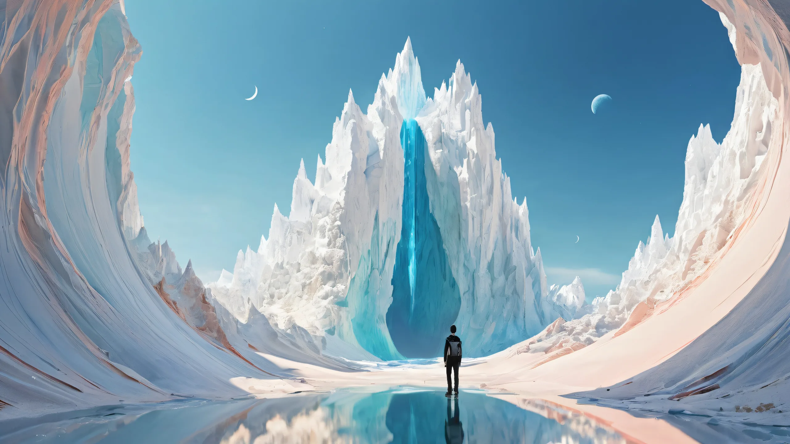 Centered figure in a vast pure void with subtle film grain texture on a desktop/pc.