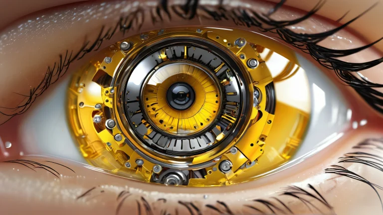 Mechanical eye desktop wallpaper featuring a stunning void scene with radiant colors and ray traced reflections for your PC or Desktop.