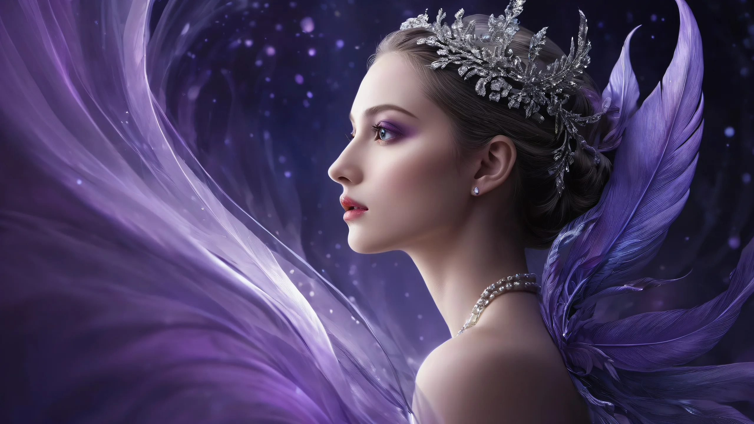 Woman in a perfectly clean vast pure void on desktop/pc, with subtle hints of darkness and shadows.