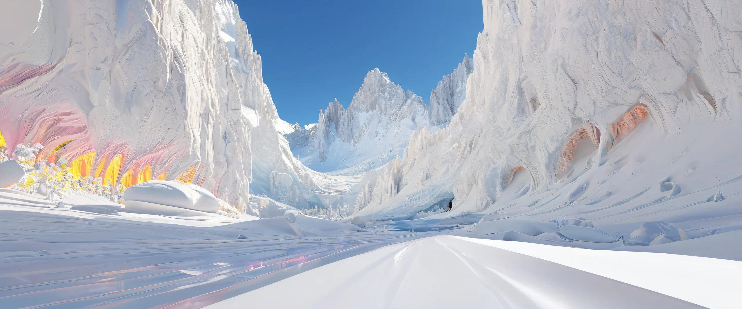 Stunning Ethereal Void Panorama Wallpaper Pure white void desktop background with volumetric lighting and ray-traced reflections for a serene and calming PC or desktop experience.