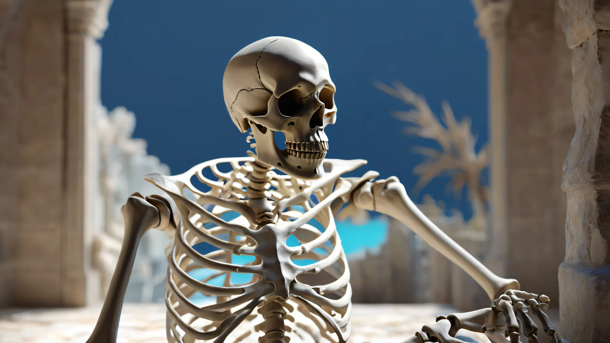 Ultra HD Ethereal Void Requiem Wallpaper An ancient skeleton sits amidst a vast pure void, surrounded by cobwebs and radiant ethereal lighting, perfect for desktop use on PC or Mac.