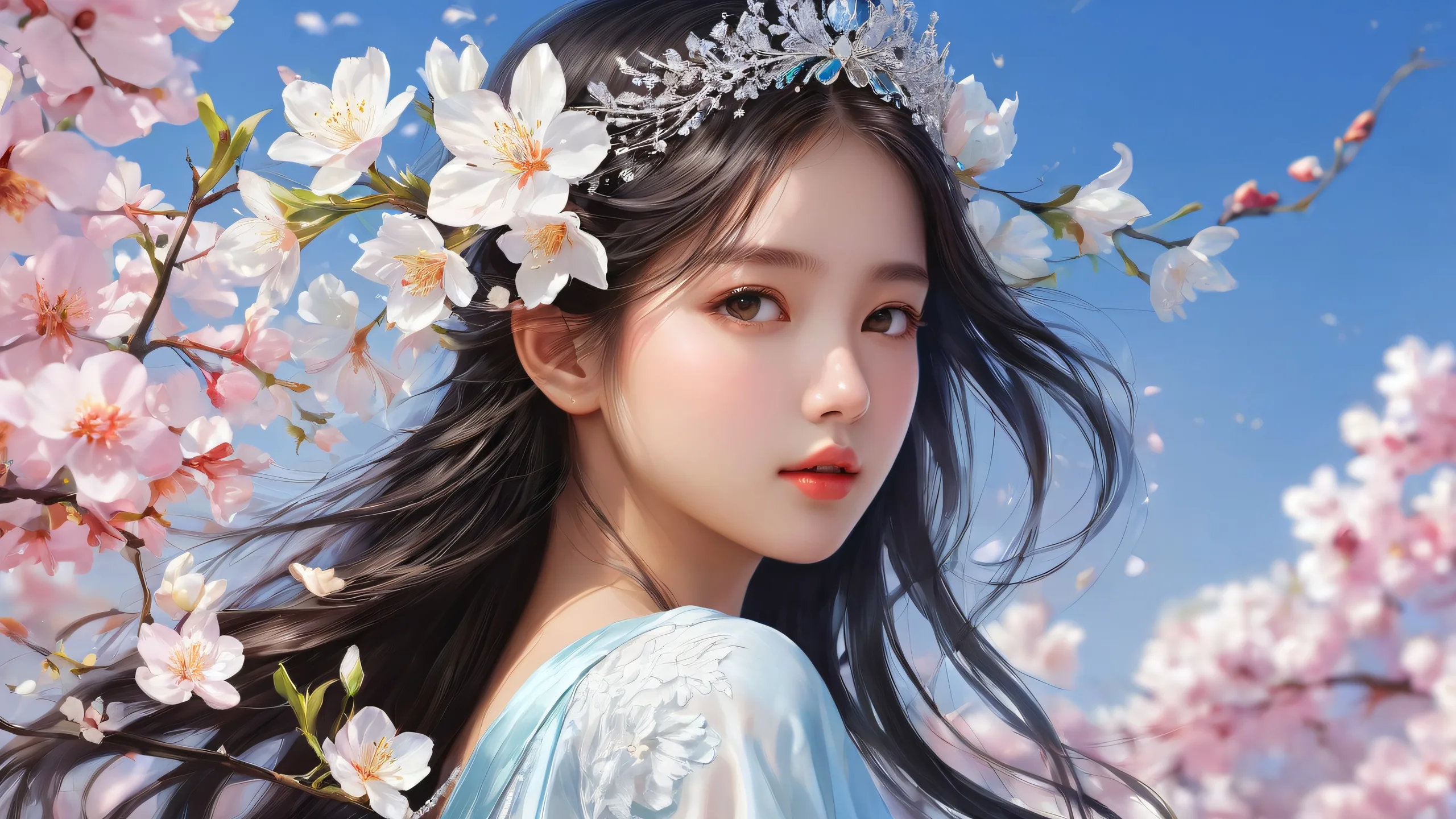 A serene and peaceful desktop wallpaper of a girl in a vast, pure void with extreme depth of field, perfect for a PC or desktop computer.