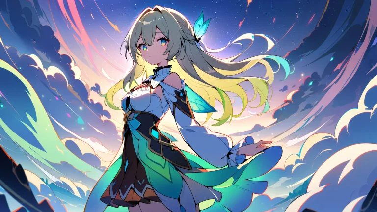 A blonde girl stands in a perfectly clean vast pure void with extreme depth of field, looking at the viewer, surrounded by fireflies and set against a beautiful, cinematic sky.