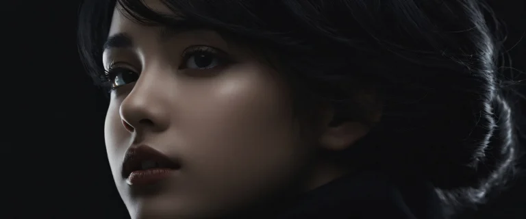 A serene girl stands against a vast pure void on a desktop or PC, with extreme depth of field and sleek dark mode aesthetic.