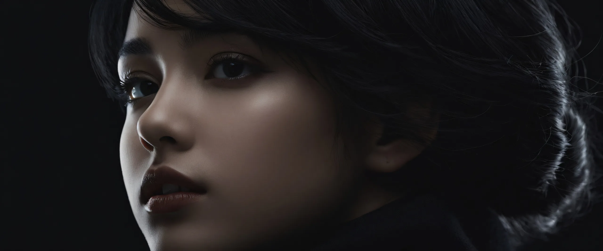 A serene girl stands against a vast pure void on a desktop or PC, with extreme depth of field and sleek dark mode aesthetic.