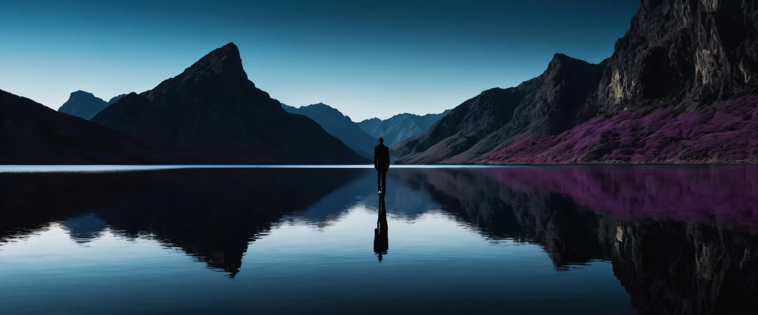 Solitary figure standing in a vast pure void with a serene water reflection and distant horizon, perfect for desktop/pc use.