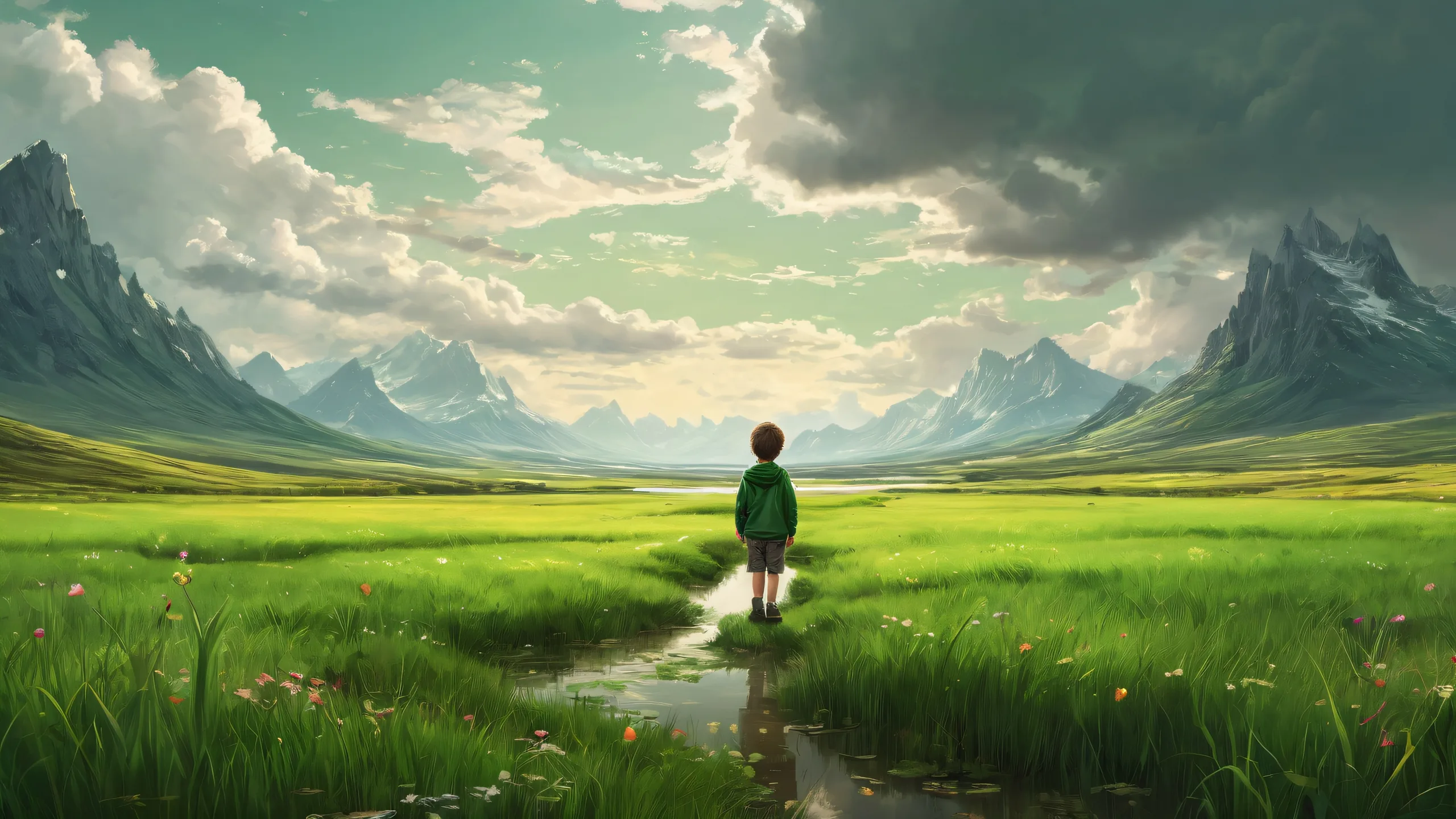 A serene and peaceful desktop image of a lone child standing in an empty field against a vast, pure void under overcast skies. Perfect for a desktop or PC.