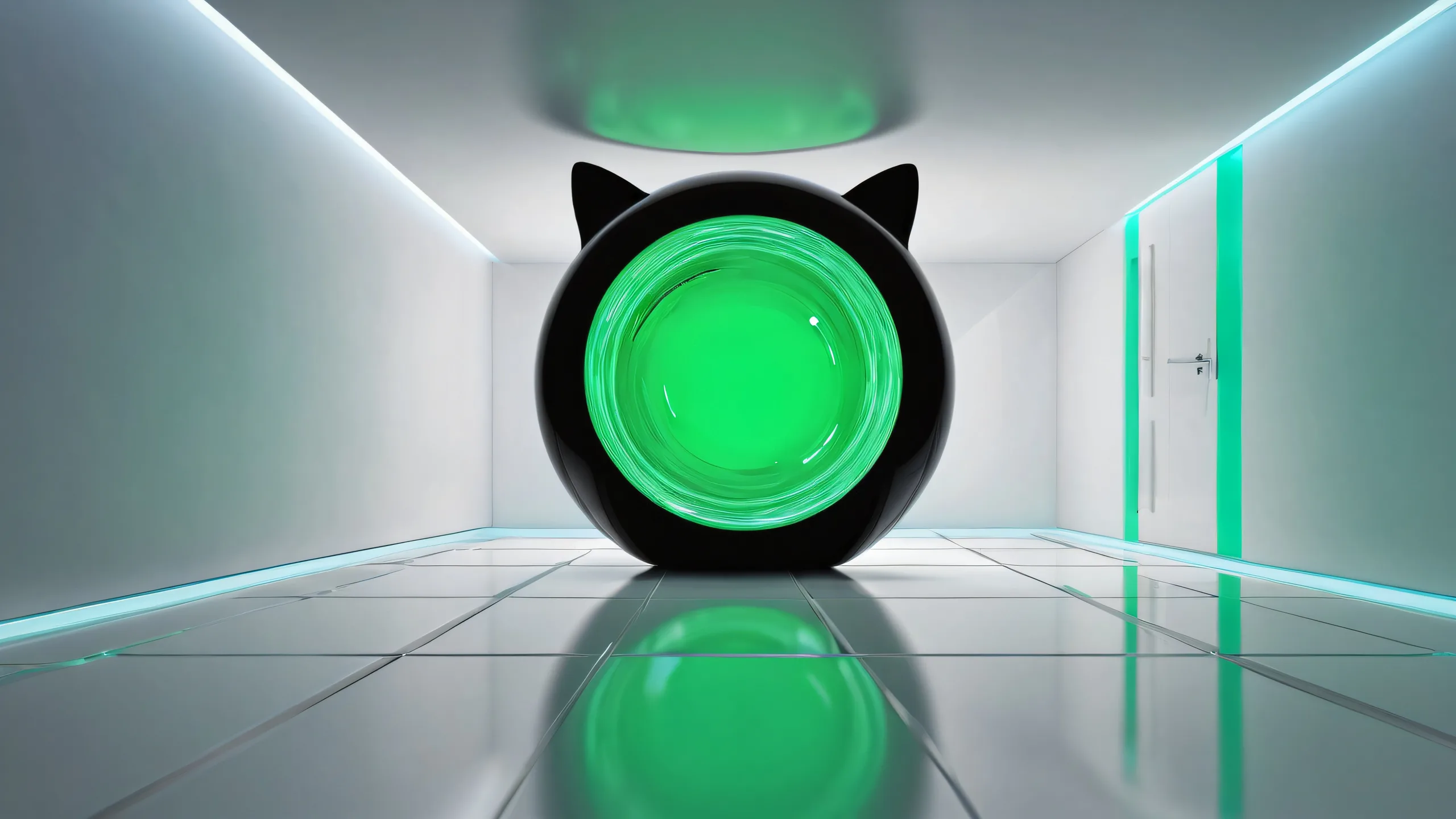 A futuristic and psychedelic desktop wallpaper featuring a black hole cat set against a vast, pure void with a hint of kitchen floor texture, perfect for your PC or Desktop.