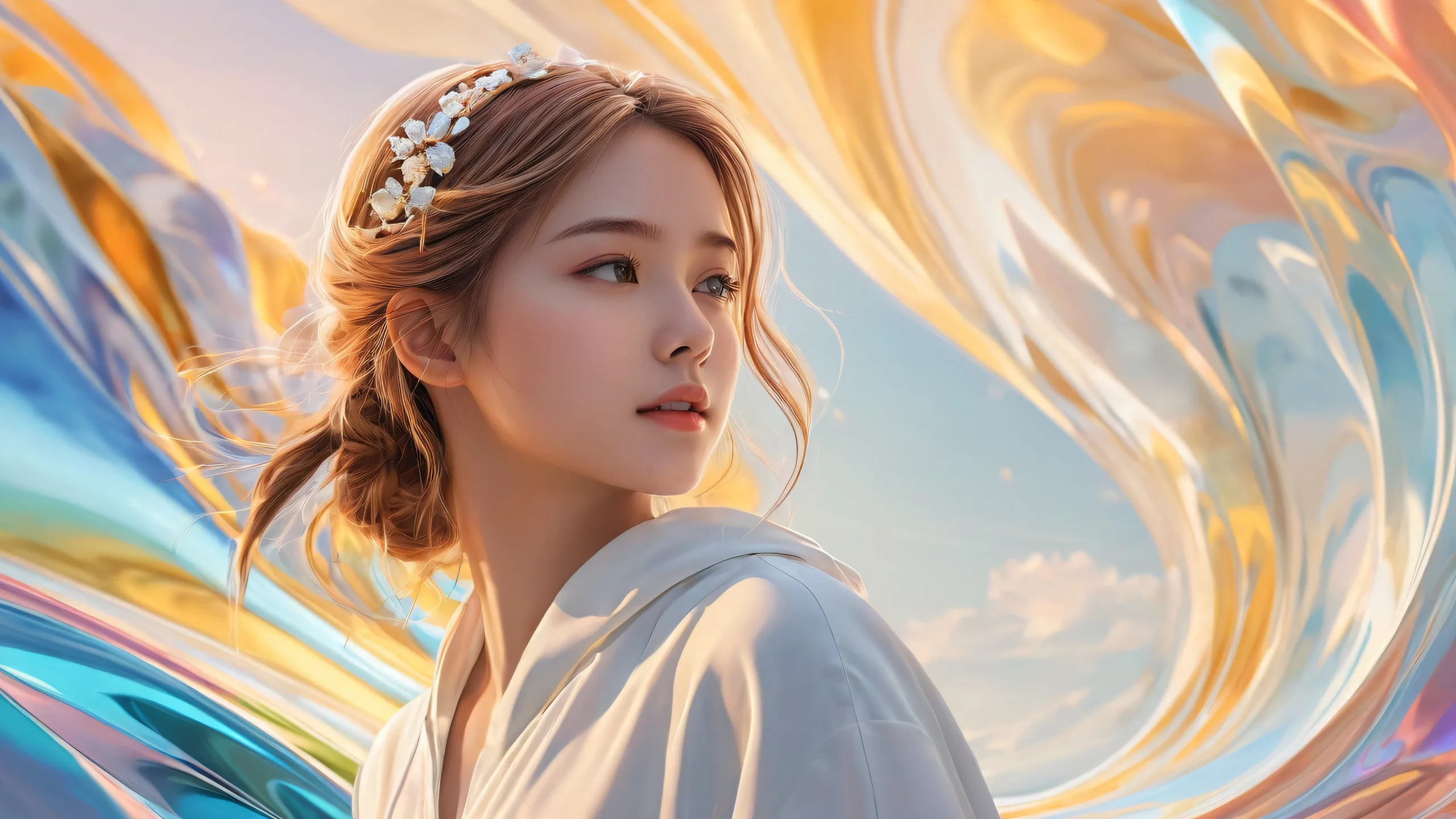 Girl amidst pure void, desktop/pc background, award-winning digital art