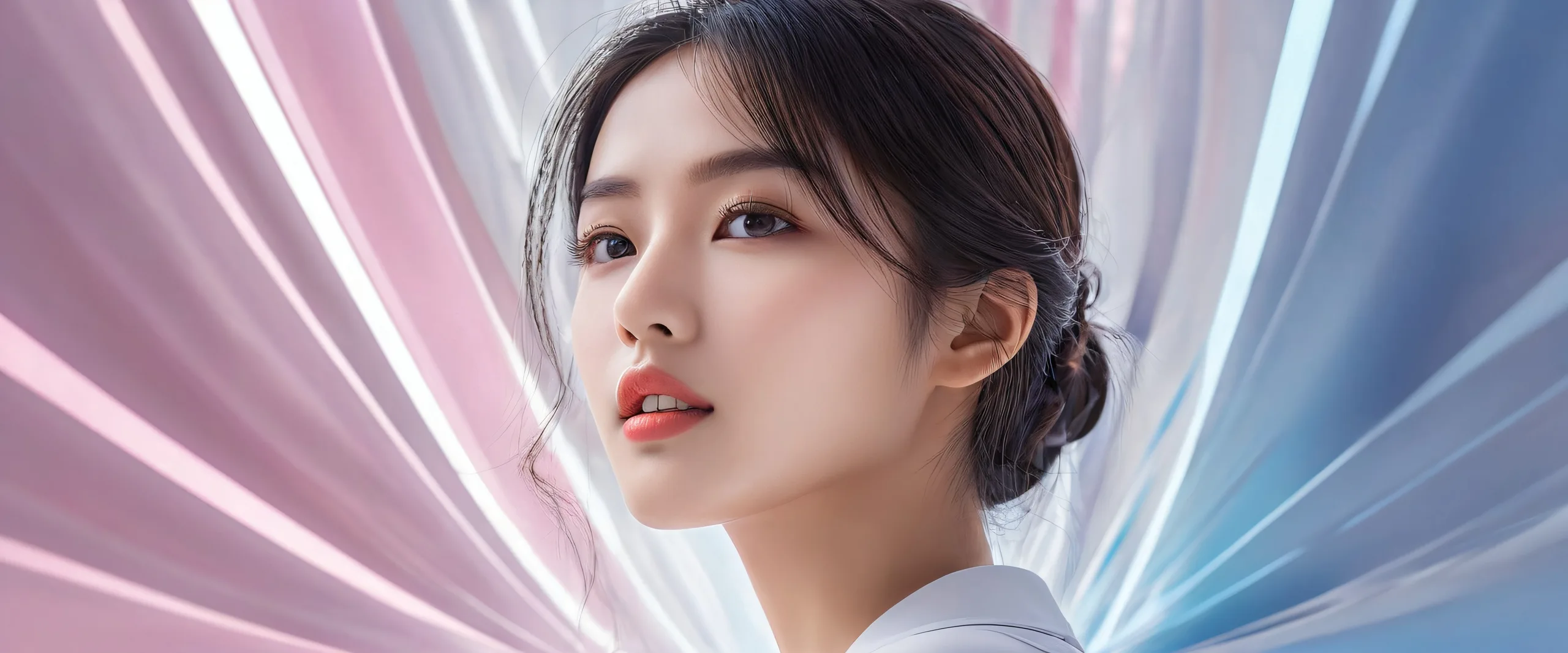 A woman stands in a vast, pure void on a desktop or PC, with extreme depth of field and award-winning digital art.