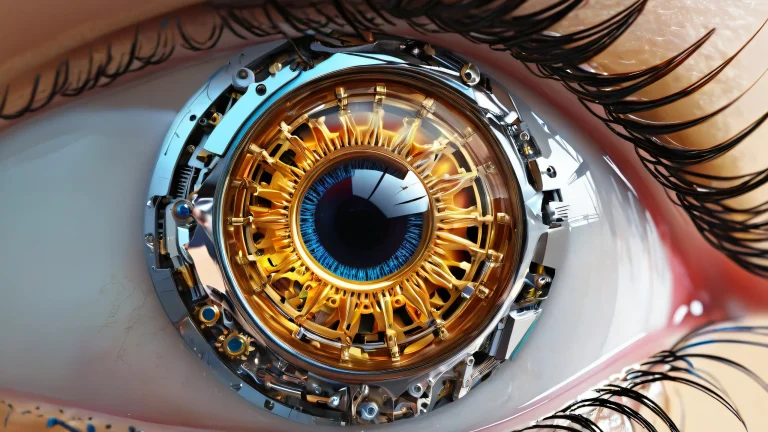 Award-winning digital art of a mechanical eye set against a vast, pure void on a desktop or PC.