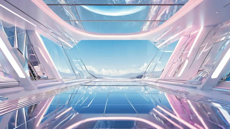 Desktop/PC wallpaper featuring a futuristic computer in a pure void with radiant lighting and brilliant colors.