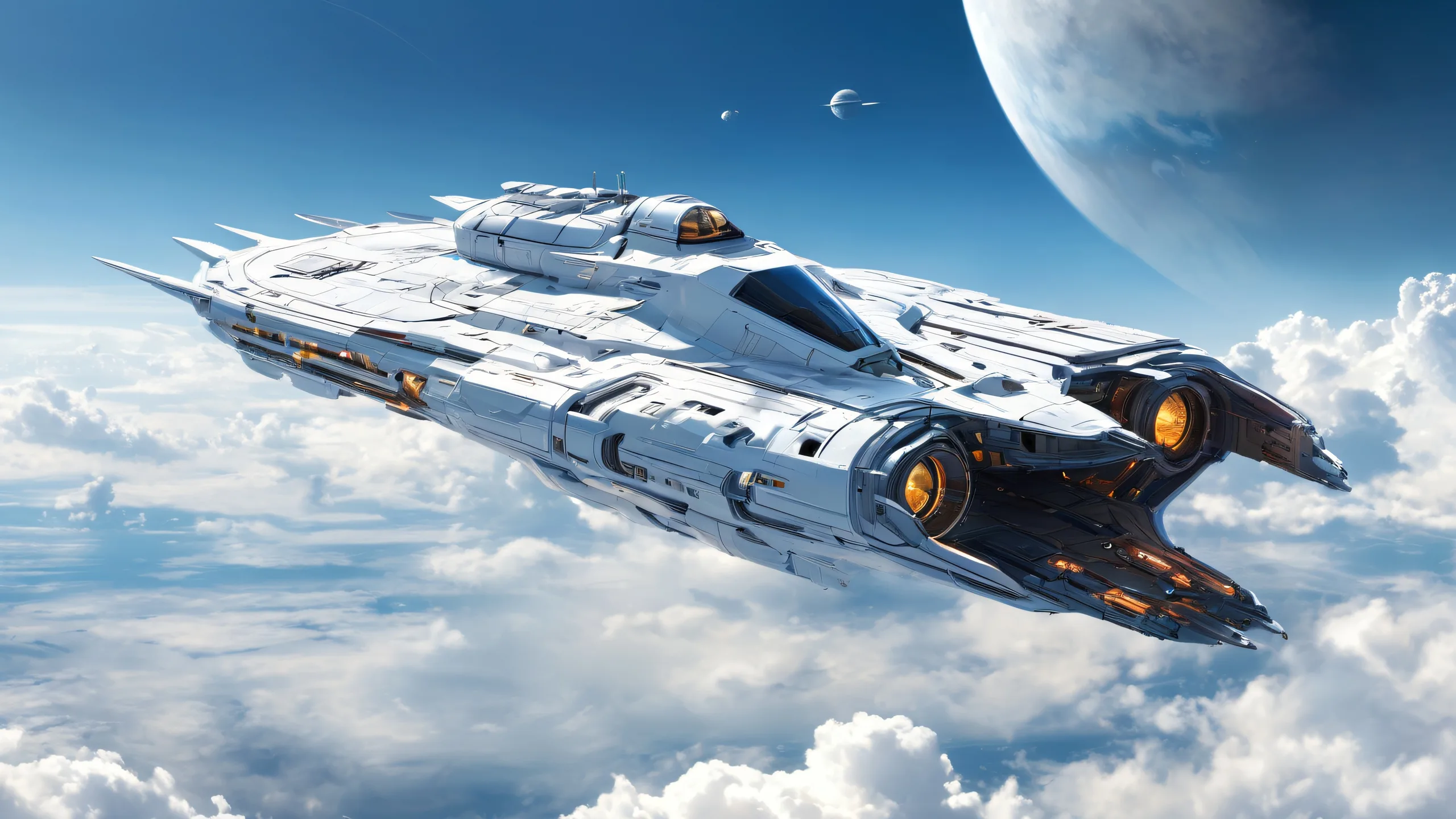 A spaceship soars through a vast, pure void on a desktop or PC, with clouds in the background and ethereal lighting.