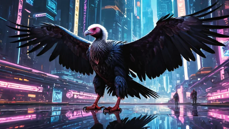 A majestic vulture soaring above a vast, pure void on your desktop/pc, with extreme depth of field and radiant colors.