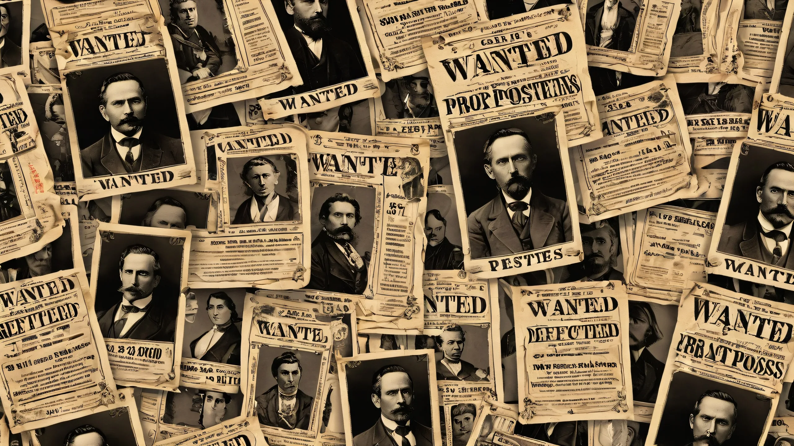 Breathtaking desktop wallpaper of wanted posters on a deep black background with vibrant colors and ray traced reflections, suitable for a PC or Desktop.